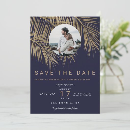 Foto gouden palmblauw van de marinevloot, met uitz save the date (Staand voorkant)