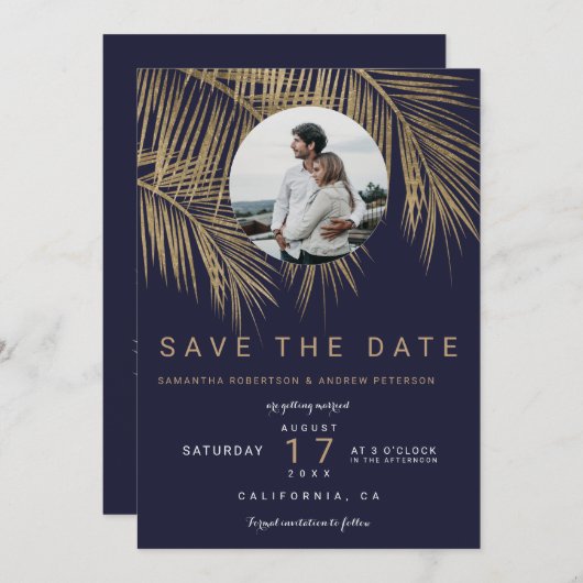 Foto gouden palmblauw van de marinevloot, met uitz save the date (Voorkant / Achterkant)