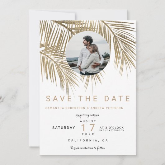 Foto gouden palmboom elegante bewaar de datum save the date (Voorkant)