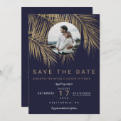Foto gouden palmboom marineblauw save the date (Voorkant / Achterkant)