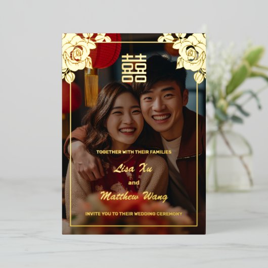 Foto Gouden Rozen | Chinese bruiloft Folie Uitnodiging (Staand Voorkant)
