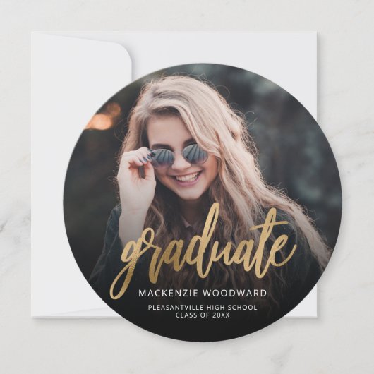 Foto Gouden Script Ronde Afstudeeraankondiging Kaart (Voorkant)