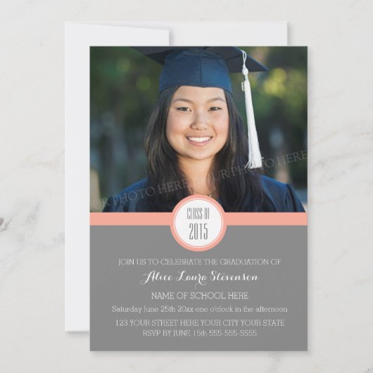 Foto Graduation Party Invitation Grey Coral Kaart (Voorkant)