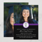 Foto Graduation Party Invitation Zwart Paarse Kaart (Voorkant / Achterkant)