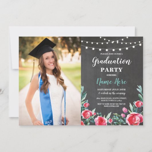 Foto Graduation Party Rozen Red Floral Chalk Kaart (Voorkant)
