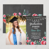Foto Graduation Party Rozen Red Floral Chalk Kaart (Voorkant / Achterkant)
