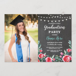 Foto Graduation Party Rozen Red Floral Chalk Kaart