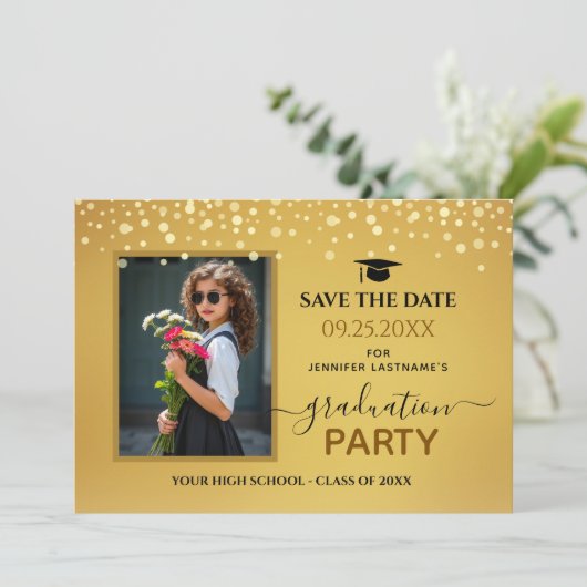 Foto Graduation Party Save the Date Gold Kaart (Staand voorkant)