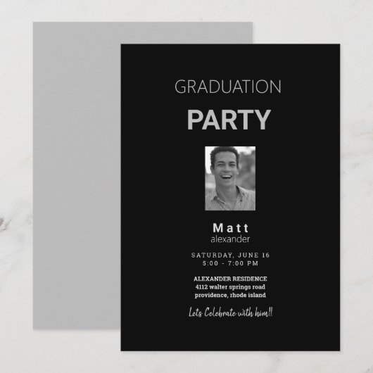 Foto Graduation Party Zwart & Grijs Uitnodiging (Voorkant / Achterkant)