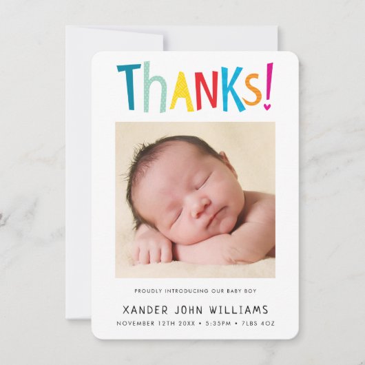 FOTO GRAZIE moderne nieuwe baby kleurrijke soort Bedankkaart (Voorkant)