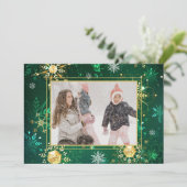 Foto: Green Gold Snowflake kerstfeestdag Feestdagenkaart (Staand voorkant)