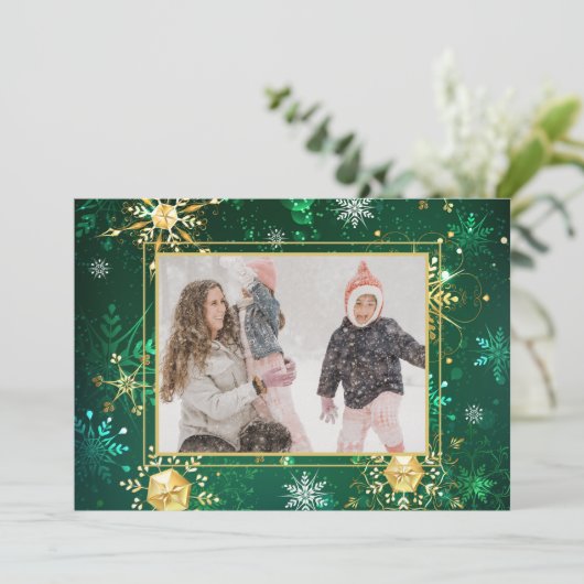 Foto: Green Gold Snowflake kerstfeestdag Feestdagenkaart (Staand voorkant)