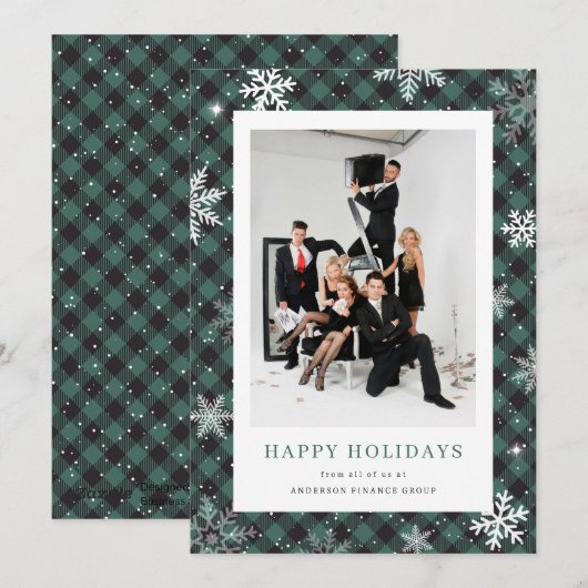 Foto Green Plaid Snowflake Corporate Business Feestdagenkaart (Voorkant / Achterkant)