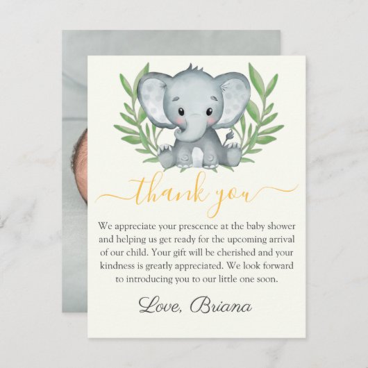 Foto Greenery Elephant Neutral Baby shower Kaart (Voorkant / Achterkant)