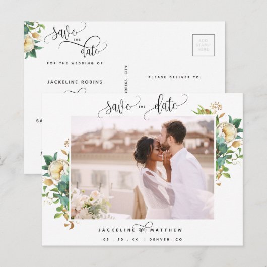 Foto, Greenery en White, Wedding Save the Date Briefkaart (Voorkant / Achterkant)