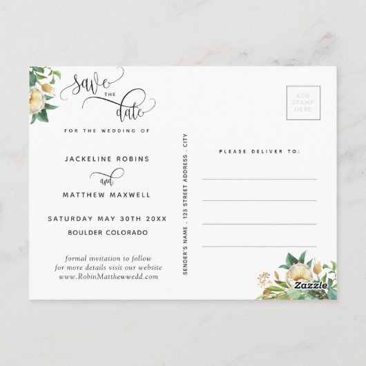 Foto, Greenery en White, Wedding Save the Date Briefkaart (Achterkant)