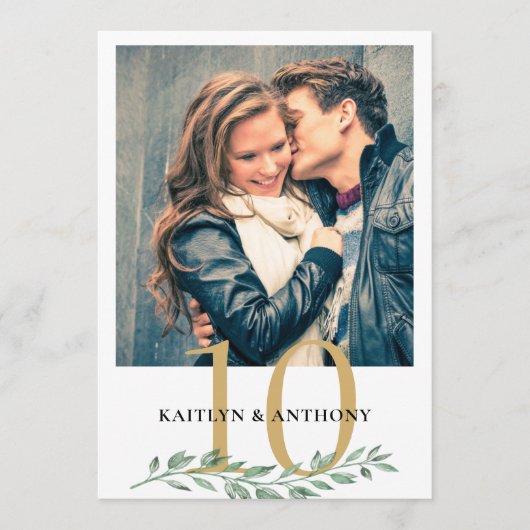 Foto Greenery Gold Wedding Table Number Sign Kaart (Voorkant)