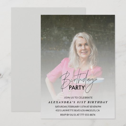 Foto Grijs 81e verjaardag uitnodiging (Voorkant / Achterkant)