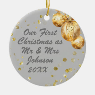 Foto grijs goud eerste kerst Mis Mijnheer Mevrouw Keramisch Ornament