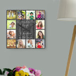 Foto grijs hout van de Laugh Quote van een kleinki Vierkante Klok<br><div class="desc">Creëer je eigen unieke fotoklok voor grootouders met 12 van je favoriete foto's. Het citaat van de kleinkinderen is gedrukt in elegante handgeschreven scripttypografie en luidt: "De lach van een kleinkind is zonneschijn in het huis". Dit ontwerp heeft een nette landachtergrond in grijze en zwarte tinten. De eenvoudige foto collage...</div>