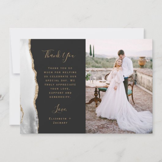 Foto Grijs Witte Agaat Goud Script Wedding Bedankkaart (Voorkant)