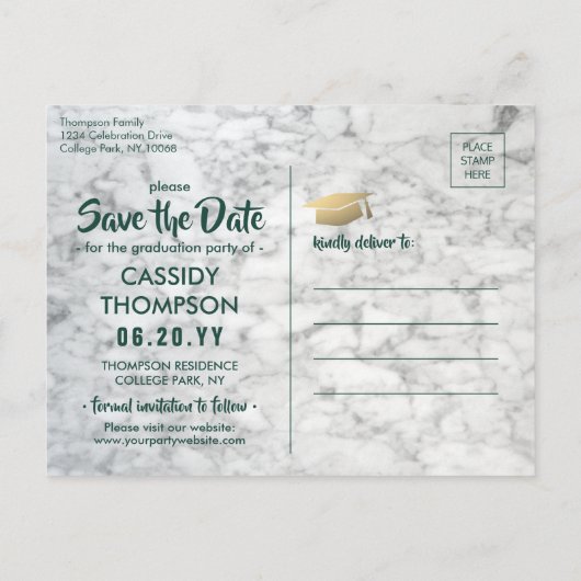 Foto groen en goudmarmer Afstuderen Opslaan datum Briefkaart (Achterkant)