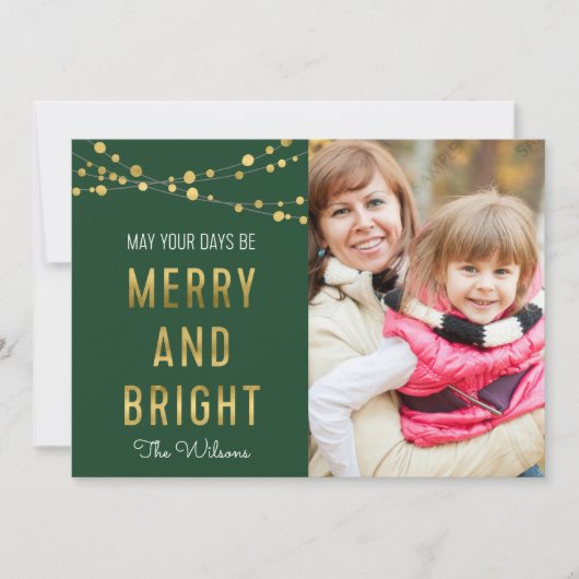 Foto groen, Faux Gold Merry & Bright Lights Feestdagenkaart (Voorkant)
