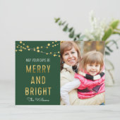 Foto groen, Faux Gold Merry & Bright Lights Feestdagenkaart (Staand voorkant)