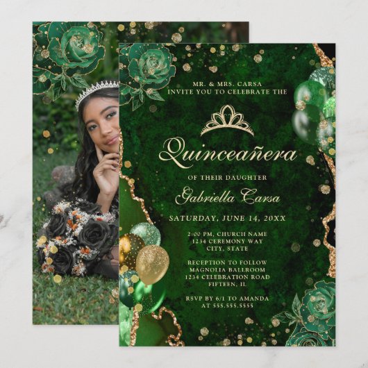 Foto Groen Goud Bloemagaat Quinceanera Kaart (Voorkant / Achterkant)