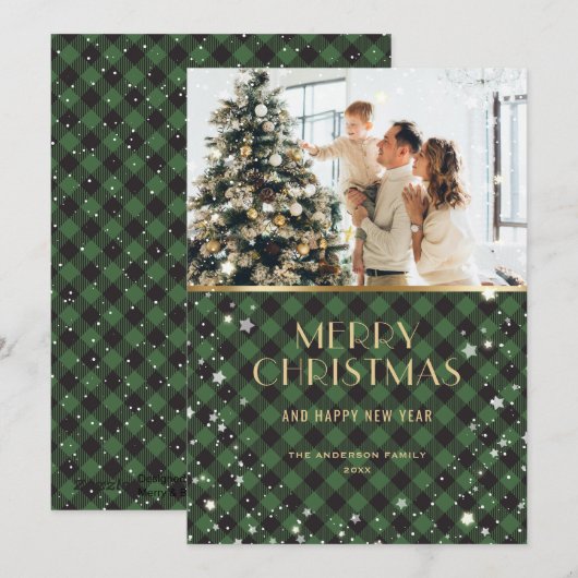Foto Groen Goud Buffel Plaid Snowy Feestdagenkaart (Voorkant / Achterkant)
