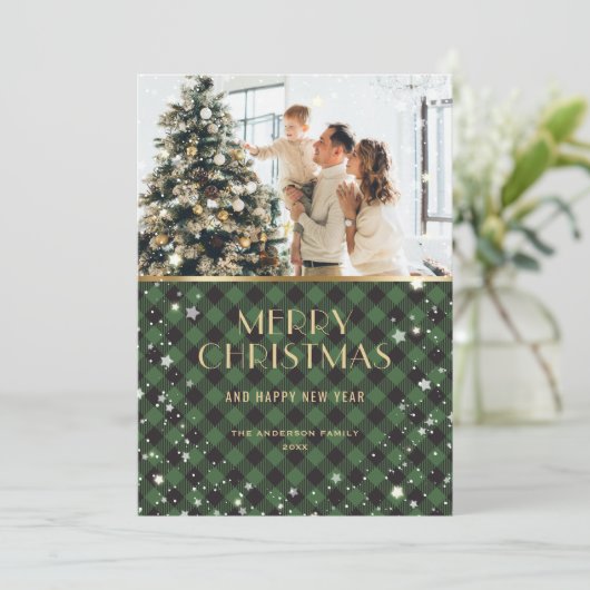Foto Groen Goud Buffel Plaid Snowy Feestdagenkaart (Staand voorkant)