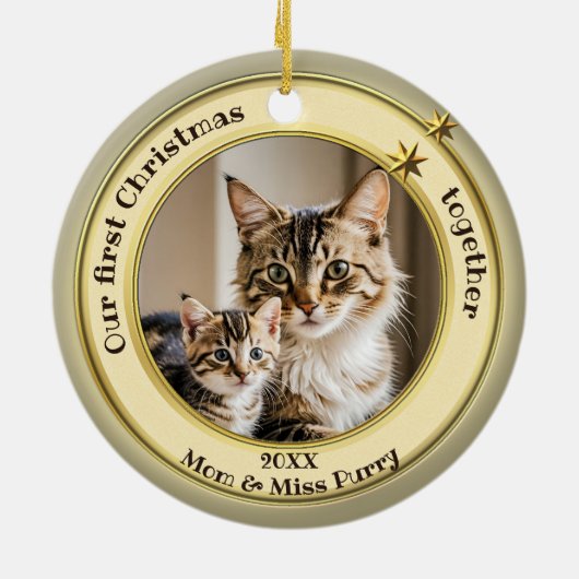 Foto Groen Goud Eerste Kerst Samen Katten  Keramisch Ornament (Achterkant)