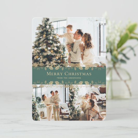 Foto Groen Goud Holly Plaid Vrolijke Kerstmis Kaar Feestdagenkaart (Staand voorkant)