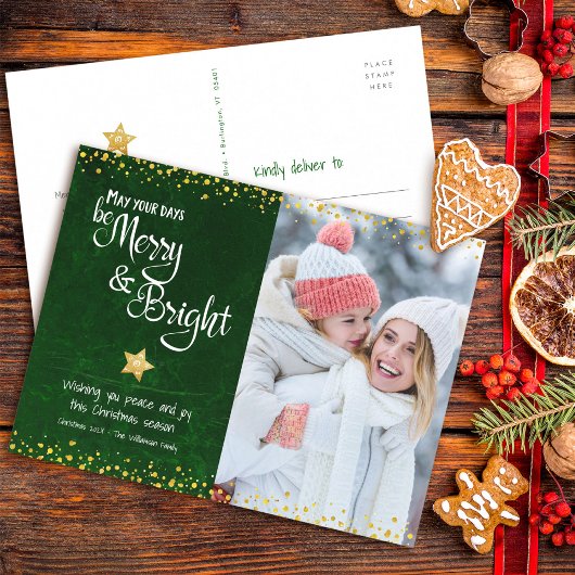 Foto Groen Merry Bright Script Gold Star Glitter Feestdagenkaart