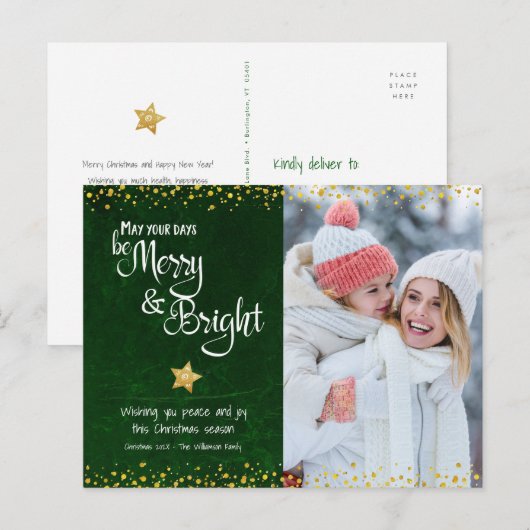 Foto Groen Merry Bright Script Gold Star Glitter Feestdagenkaart (Voorkant / Achterkant)