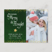 Foto Groen Merry Bright Script Gold Star Glitter Feestdagenkaart (Voorkant)