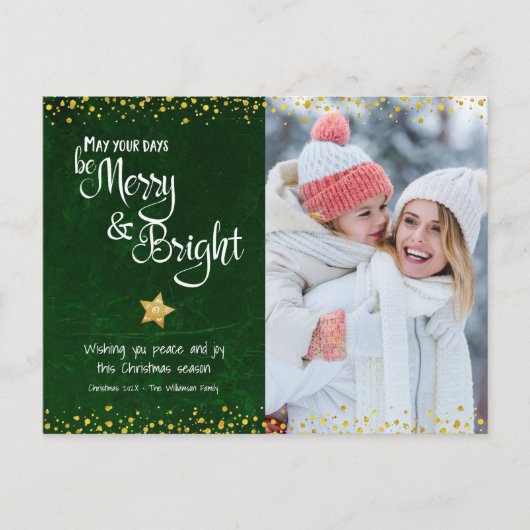 Foto Groen Merry Bright Script Gold Star Glitter Feestdagenkaart (Voorkant)