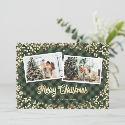 Foto Groen Plaid Goud Sneeuw Vrolijk Kerstfeest Feestdagenkaart (Staand voorkant)