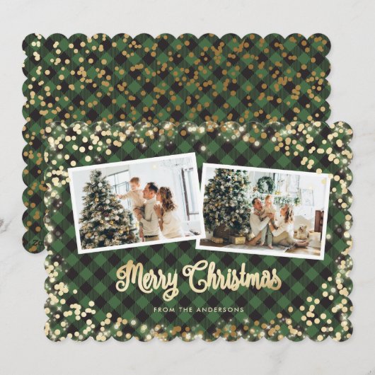 Foto Groen Plaid Goud Sneeuw Vrolijk Kerstfeest Feestdagenkaart (Voorkant / Achterkant)