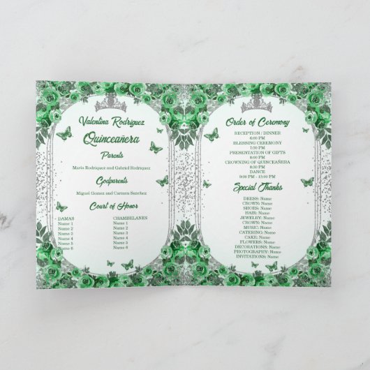 Foto Groen Zilver Glitter Bloemen Quinceanera Programma (Binnen)