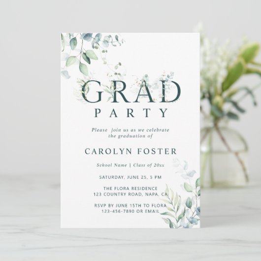 Foto groene botanische Letter Graduation Party Kaart (Staand voorkant)
