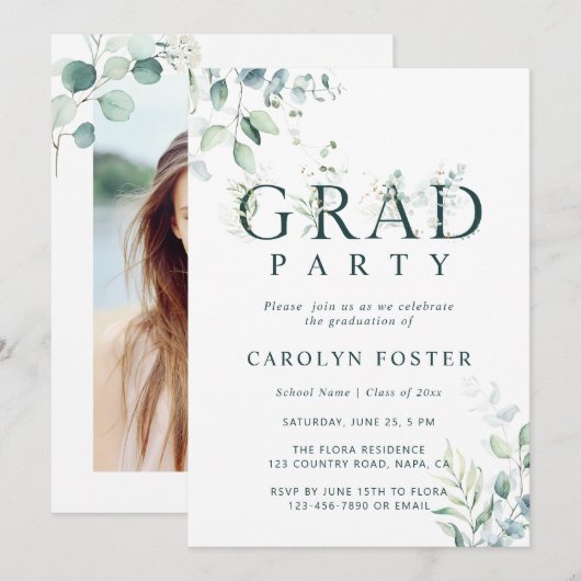 Foto groene botanische Letter Graduation Party Kaart (Voorkant / Achterkant)