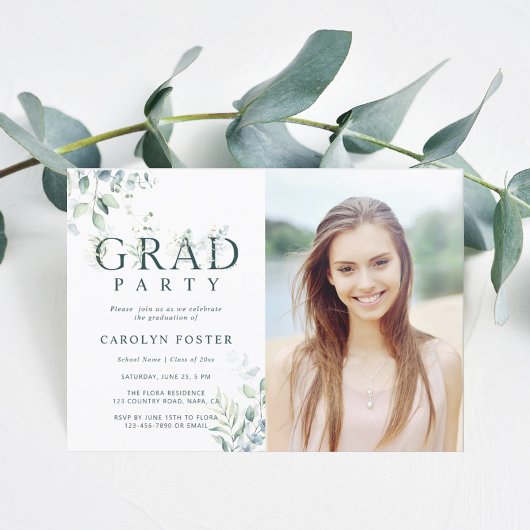 Foto groene botanische Letter Graduation Party Kaart