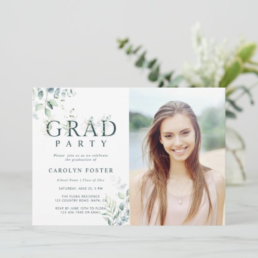 Foto groene botanische Letter Graduation Party Kaart (Staand voorkant)