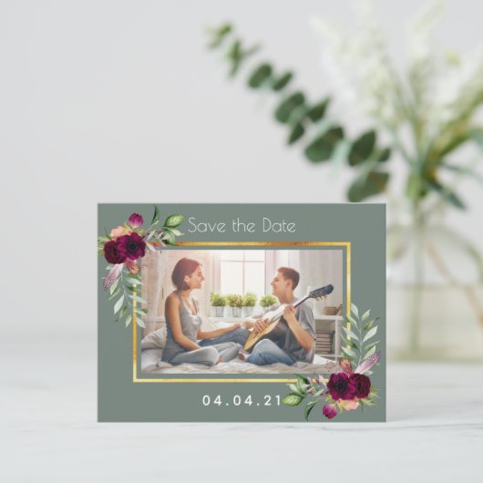 Foto groene bruinbruidbruiloft Save the Date Aankondigingskaart (Staand voorkant)