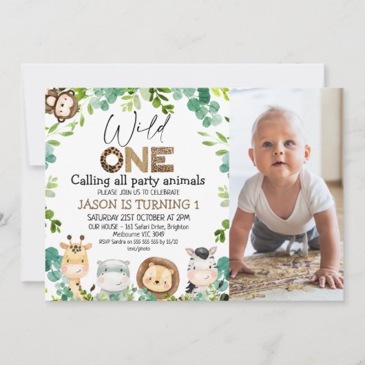 Foto Groene Dieren Safari Wild Een 1e Verjaardag Kaart (Voorkant)