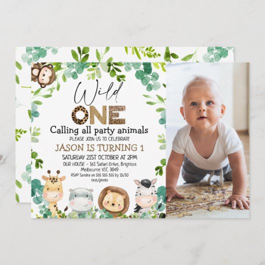 Foto Groene Dieren Safari Wild Een 1e Verjaardag Kaart (Voorkant / Achterkant)