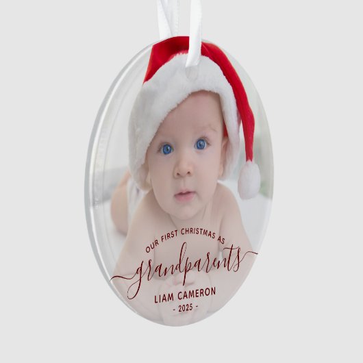 Foto Grootouders Eerste Kerstmis Rode Script Ornament (voorkant)