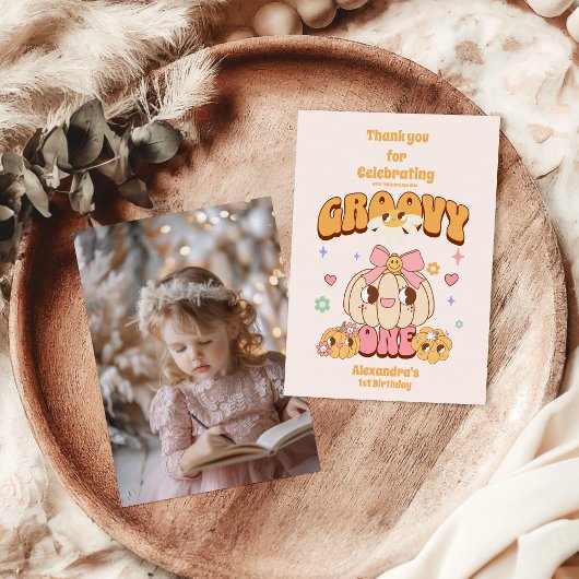 Foto Groovy One Boho Daisy 1st Birthday Party Bedankkaart