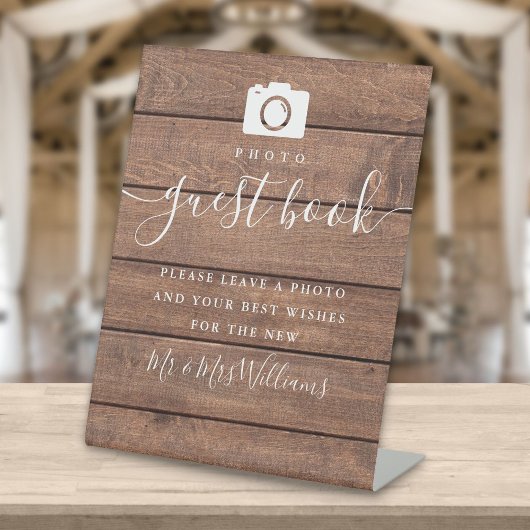 Foto Guest Book Rustic Wood Signature Script Reclamebord Met Voetstuk